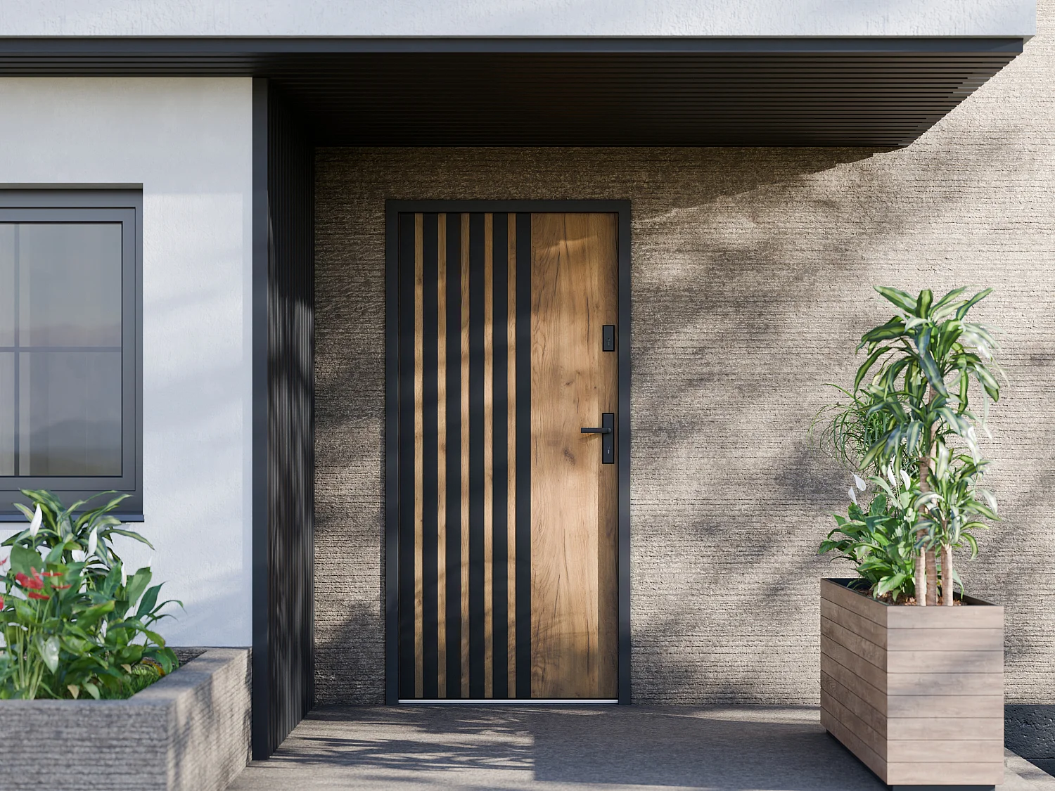Porte d'entrée pleine en acier H207 x L100 cm - Effet chêne avec rayures noires - poussant gauche - COBRITA