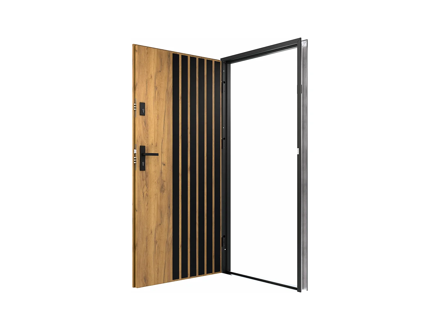 Eingangstür mit Türanschlag links - 207 x 100 cm - Stahl - Eichefarben mit schwarzen Streifen - COBRITA