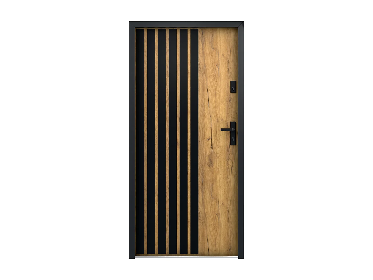 Ståldør 207×100 cm i eikeeffekt med svarte striper venstrehengslet COBRITA