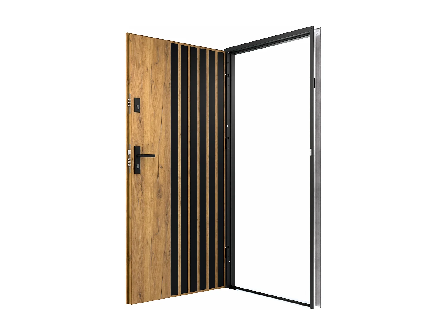 Ståldør 207×100 cm i eikeeffekt med svarte striper venstrehengslet COBRITA