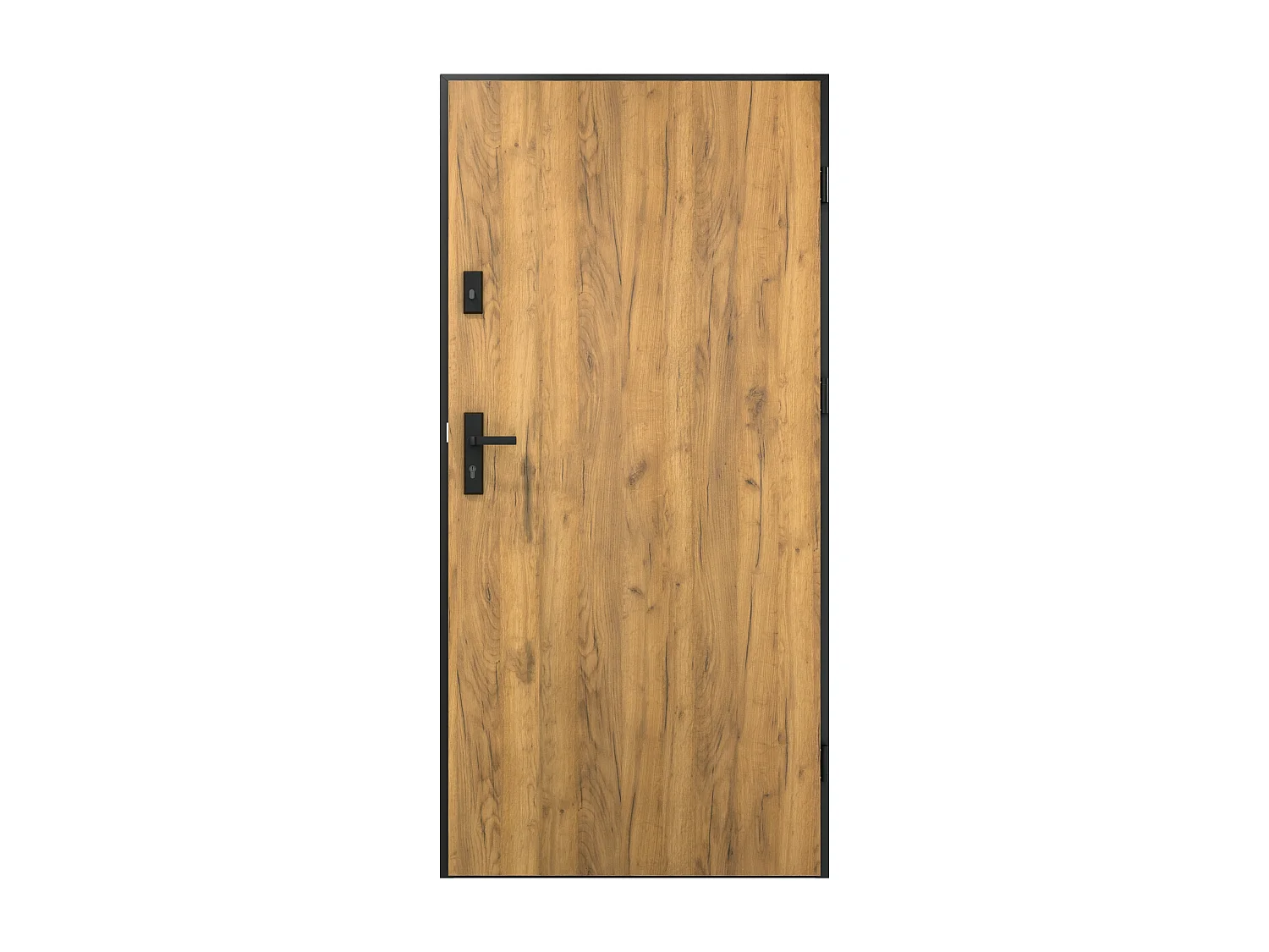 Ståldør 207×100 cm i eikeeffekt med svarte striper venstrehengslet COBRITA