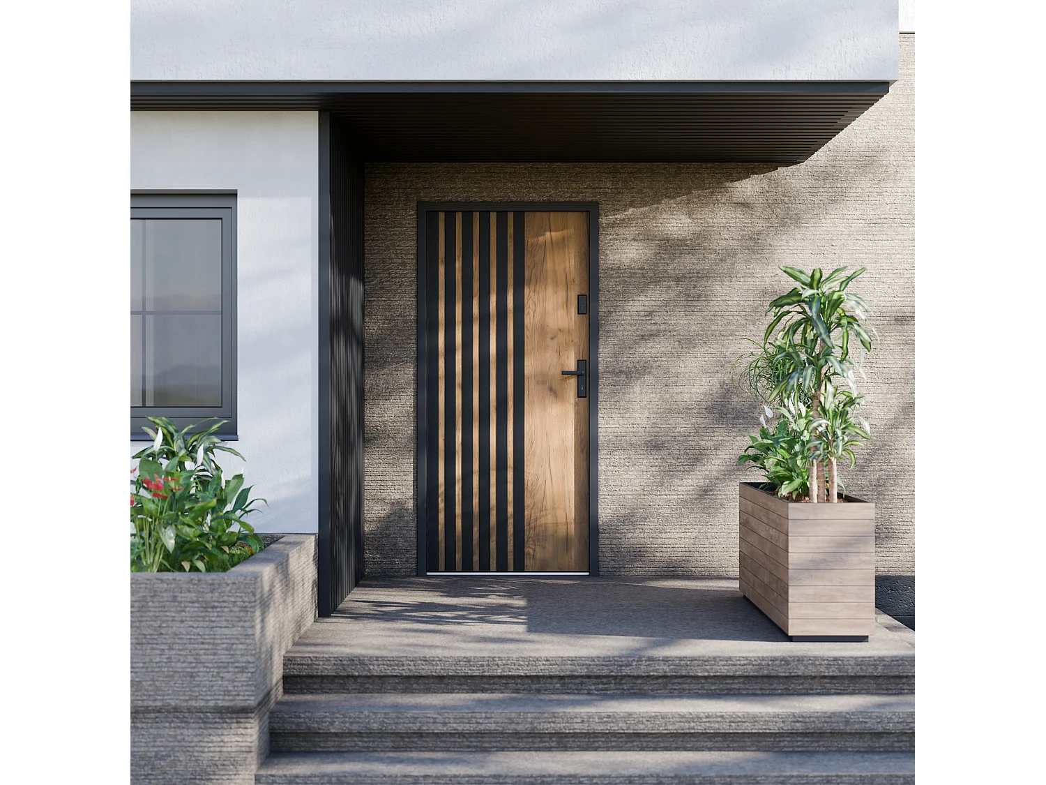 Porte d'entrée pleine en acier H207 x L100 cm - Effet chêne avec rayures noires - épaisseur 55 mm - poussant gauche - COBRITA