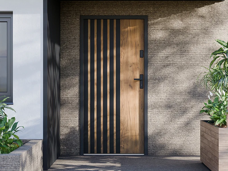 Porte d'entrée pleine en acier H207 x L100 cm - Effet chêne avec rayures noires - poussant gauche - COBRITA