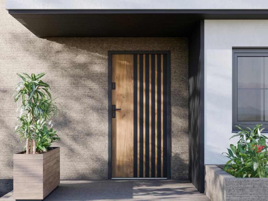 Porte d'entrée pleine en acier H207 x L100 cm - Effet chêne avec rayures noires - poussant droit - COBRITA