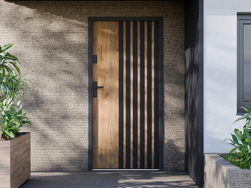 Porta d'ingresso H207 x L100 cm Effetto rovere a righe nere apertura a destra  Acciaio pieno  - COBRITA