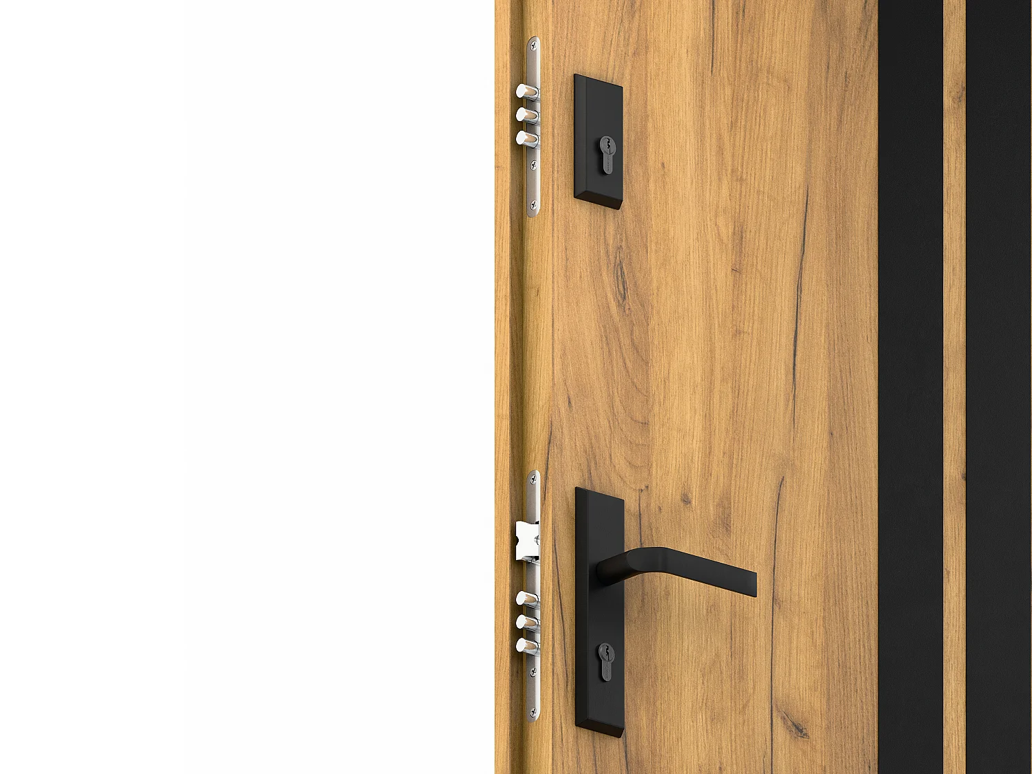 Drzwi zewnętrzne pełne ze stali wys. 207 x szer. 100 cm - Imitacja dębu i czarne pasy - lewe otwierane do wewnątrz - COBRITA