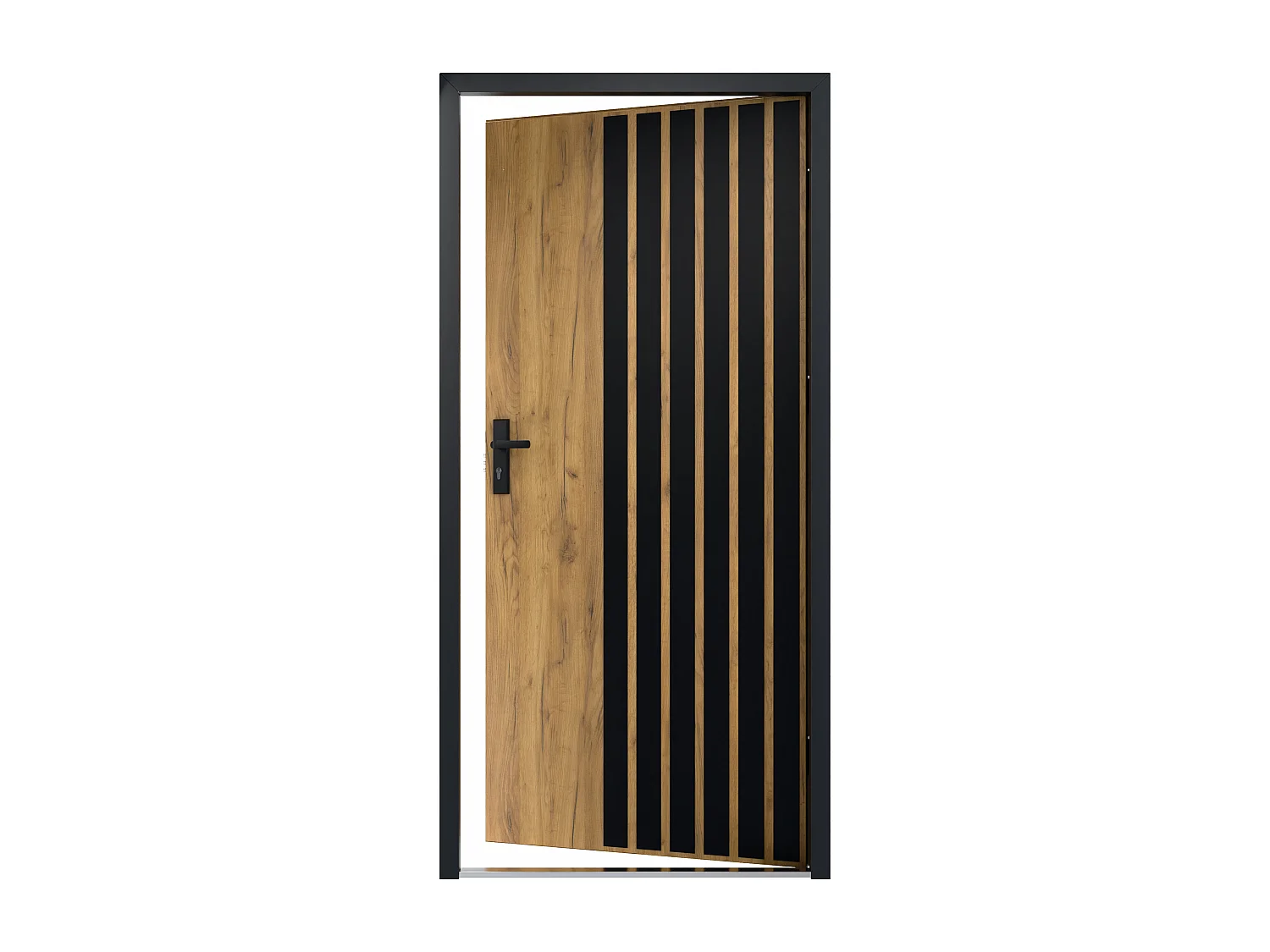 Porte d'entrée pleine en acier H207 x L100 cm - Effet chêne avec rayures noires - épaisseur 55 mm - poussant droit - COBRITA