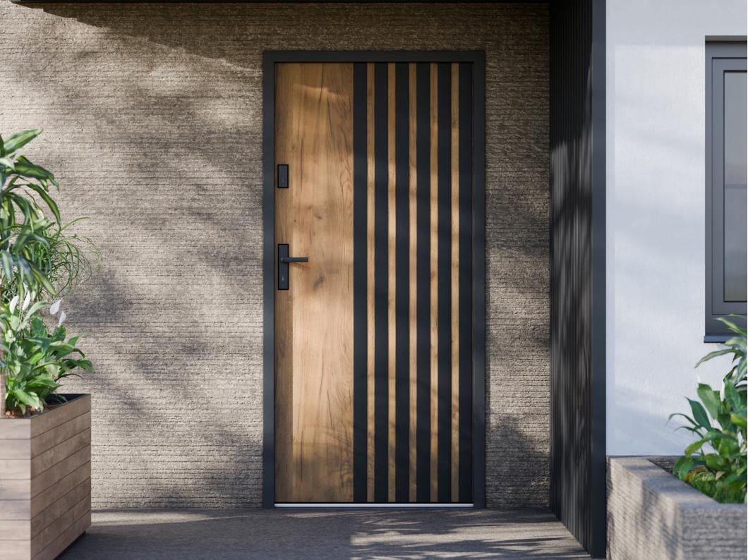 Porte d'entrée pleine en acier H207 x L100 cm - Effet chêne avec rayures noires - poussant droit - COBRITA