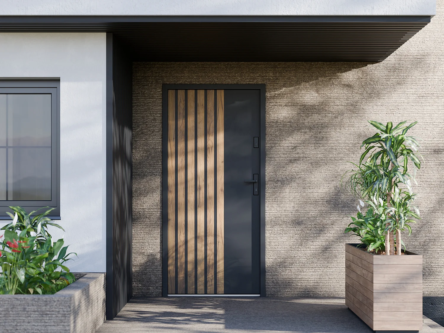 Porte d'entrée pleine en acier H207 x L100 cm - Noir avec rayures effet chêne - poussant gauche - COBRITA