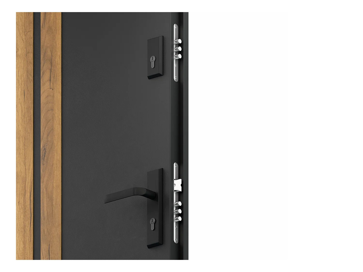 Porta de entrada em aço pleno A207 x C100 cm, preto com listras efeito carvalho, abertura para a esquerda - COBRITA