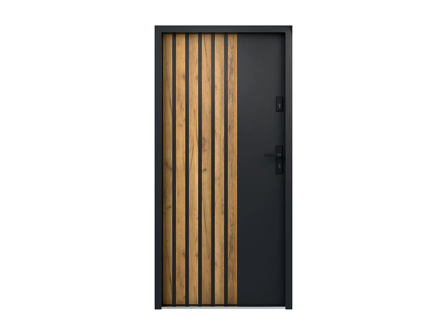 Porta de entrada em aço pleno A207 x C100 cm, preto com listras efeito carvalho, abertura para a esquerda - COBRITA