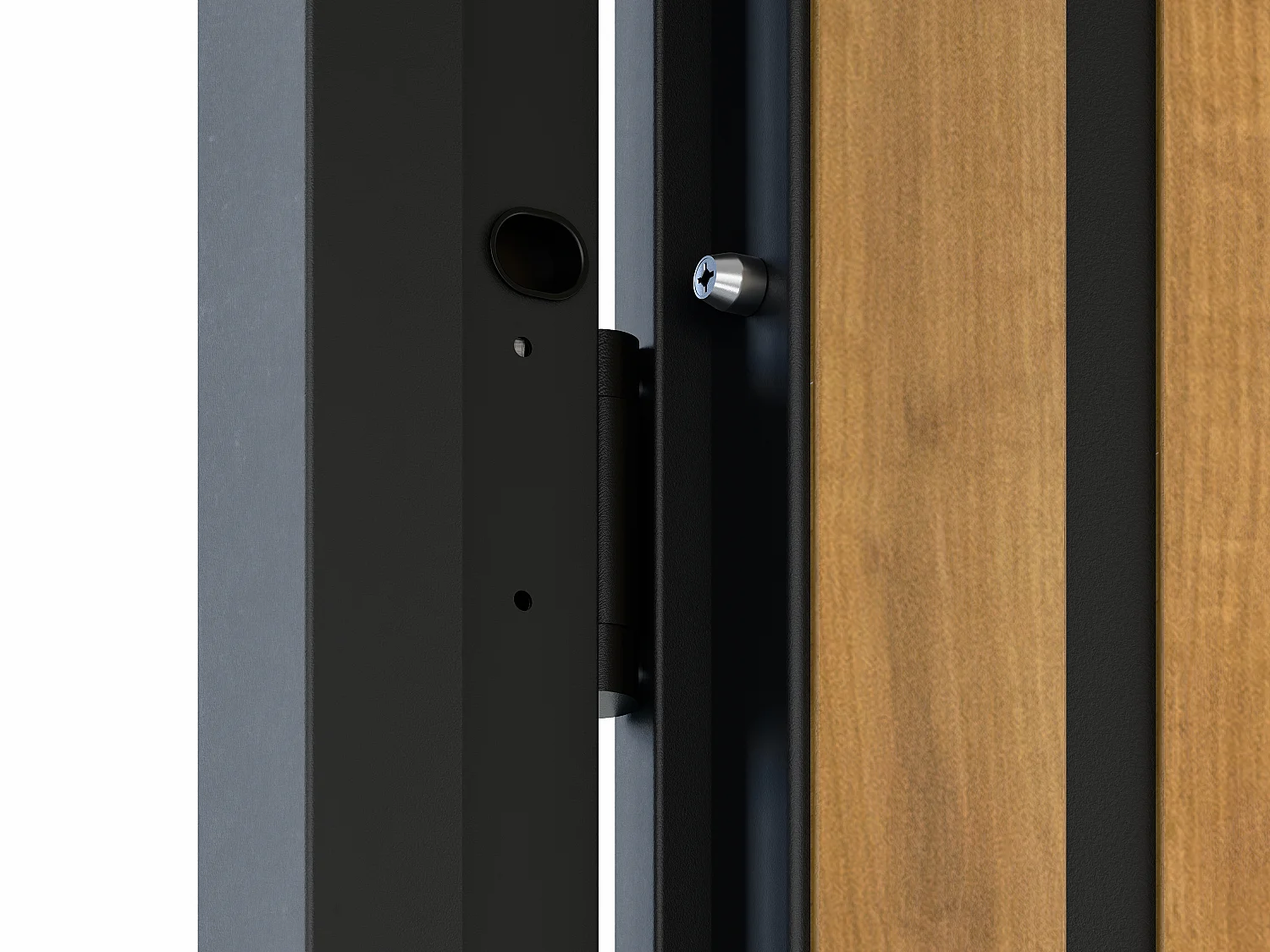 Porta de entrada em aço pleno A207 x C100 cm, preto com listras efeito carvalho, abertura para a esquerda - COBRITA