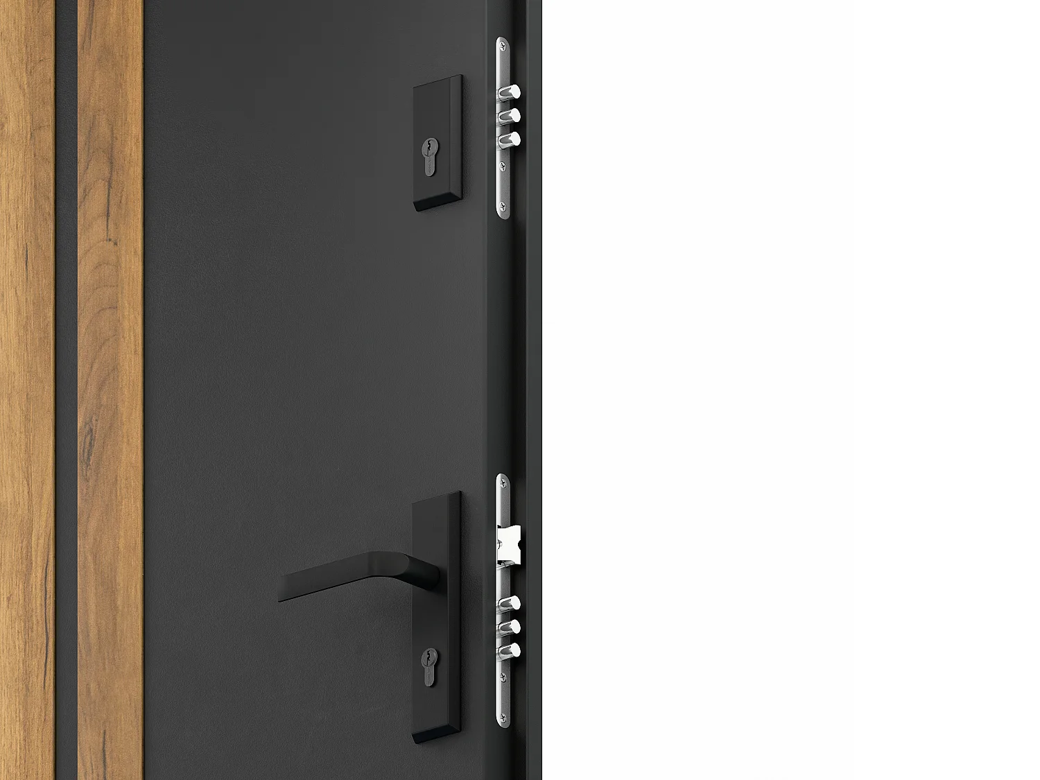 Porta de entrada em aço pleno A207 x C100 cm, preto com listras efeito carvalho, abertura para a esquerda - COBRITA