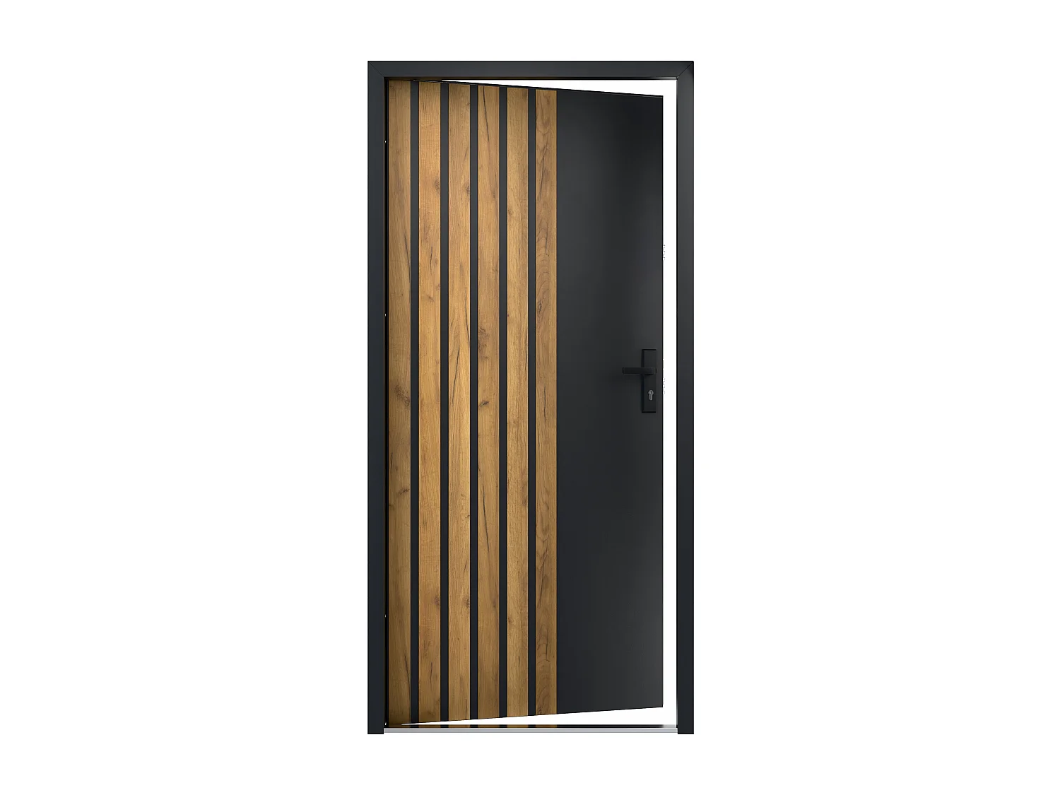 Porte d'entrée pleine en acier H207 x L100 cm - Anthracite avec rayures effet chêne - épaisseur 55 mm - poussant gauche - COBRITA