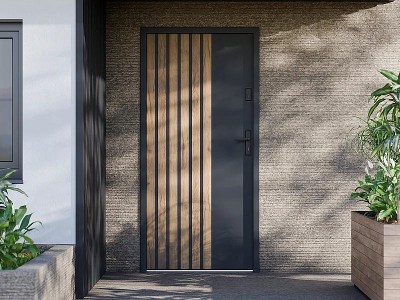 Porte d'entrée pleine en acier H207 x L100 cm - Noir avec rayures effet chêne - poussant gauche - COBRITA