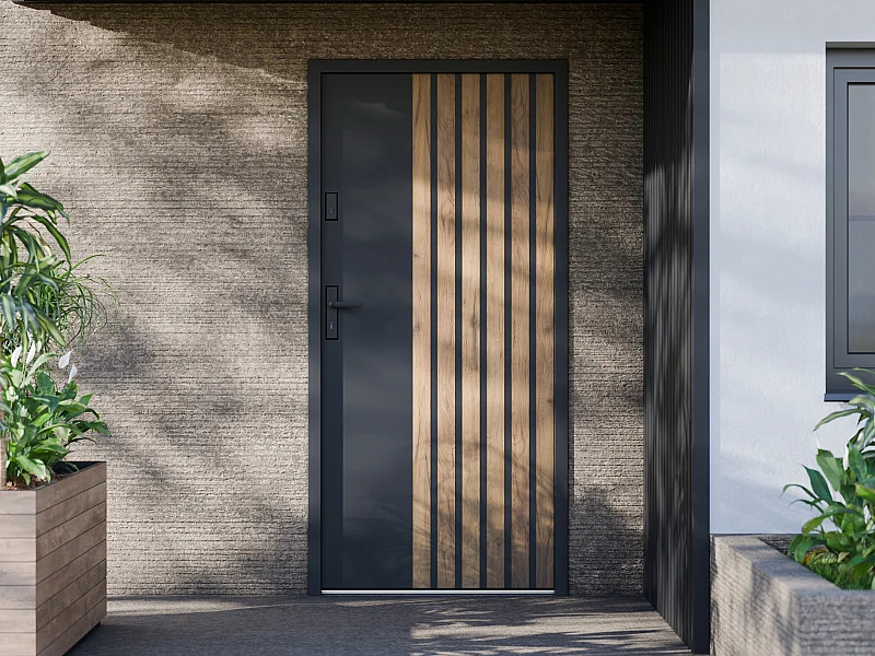 Porte d'entrée pleine en acier H207 x L100 cm - Noir avec rayures effet chêne - poussant droit - COBRITA