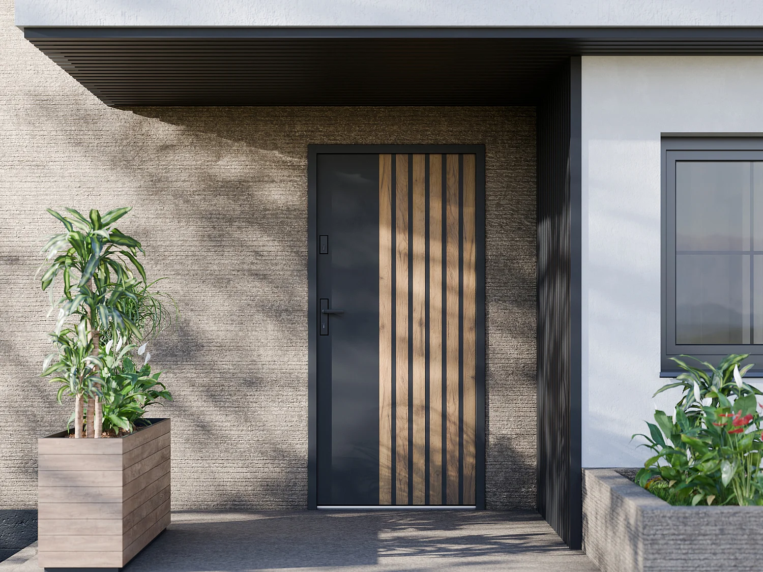 Porte d'entrée pleine en acier H207 x L100 cm - Noir avec rayures effet chêne - poussant droit - COBRITA