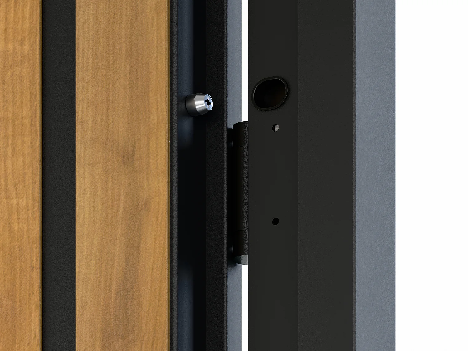 Porta de entrada em aço pleno A207 x C100 cm, preto com listras efeito carvalho, abertura para a direita - COBRITA