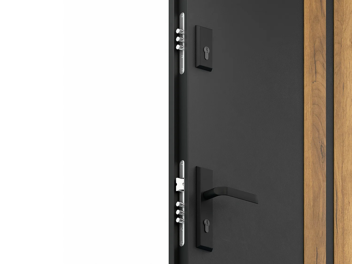 Porta de entrada em aço pleno A207 x C100 cm, preto com listras efeito carvalho, abertura para a direita - COBRITA