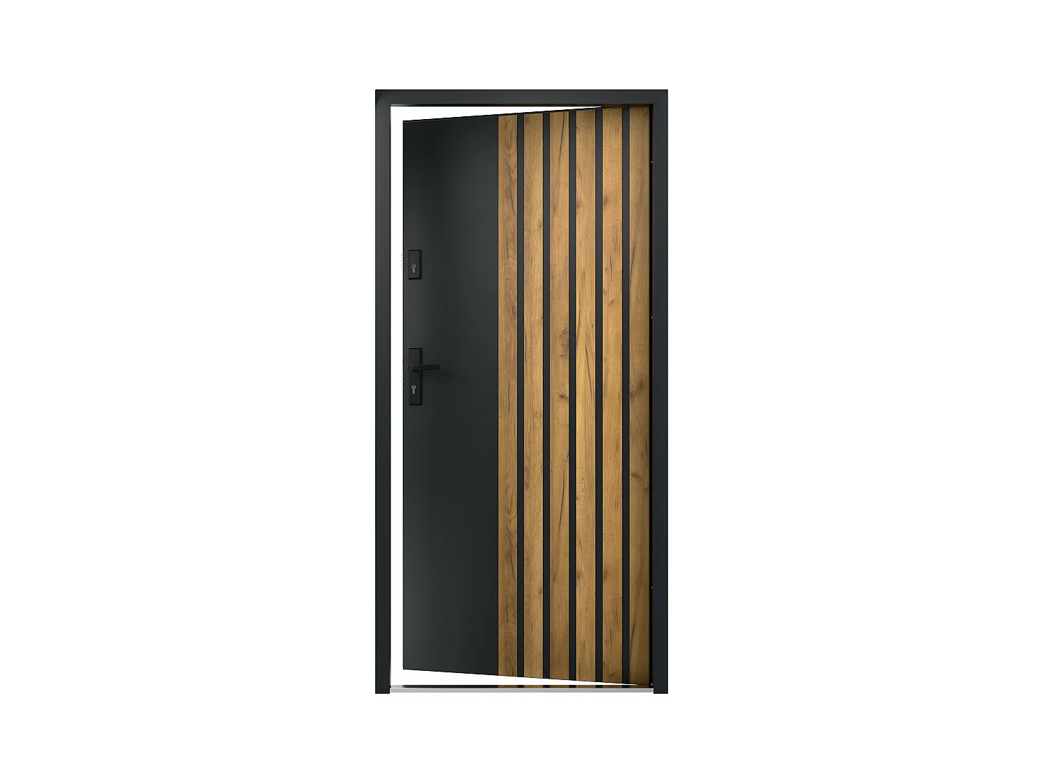 Puerta de entrada de acero macizo Alt. 207 x L100 cm - Negro con rayas efecto roble - abertura derecha - COBRITA