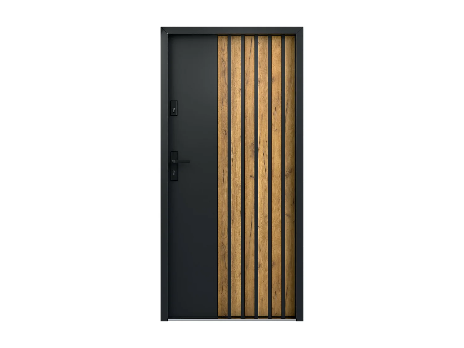 Hel stålinngangsdør H207 x B100 cm - Svart med eikestripemønster - høyrehengslet - COBRITA