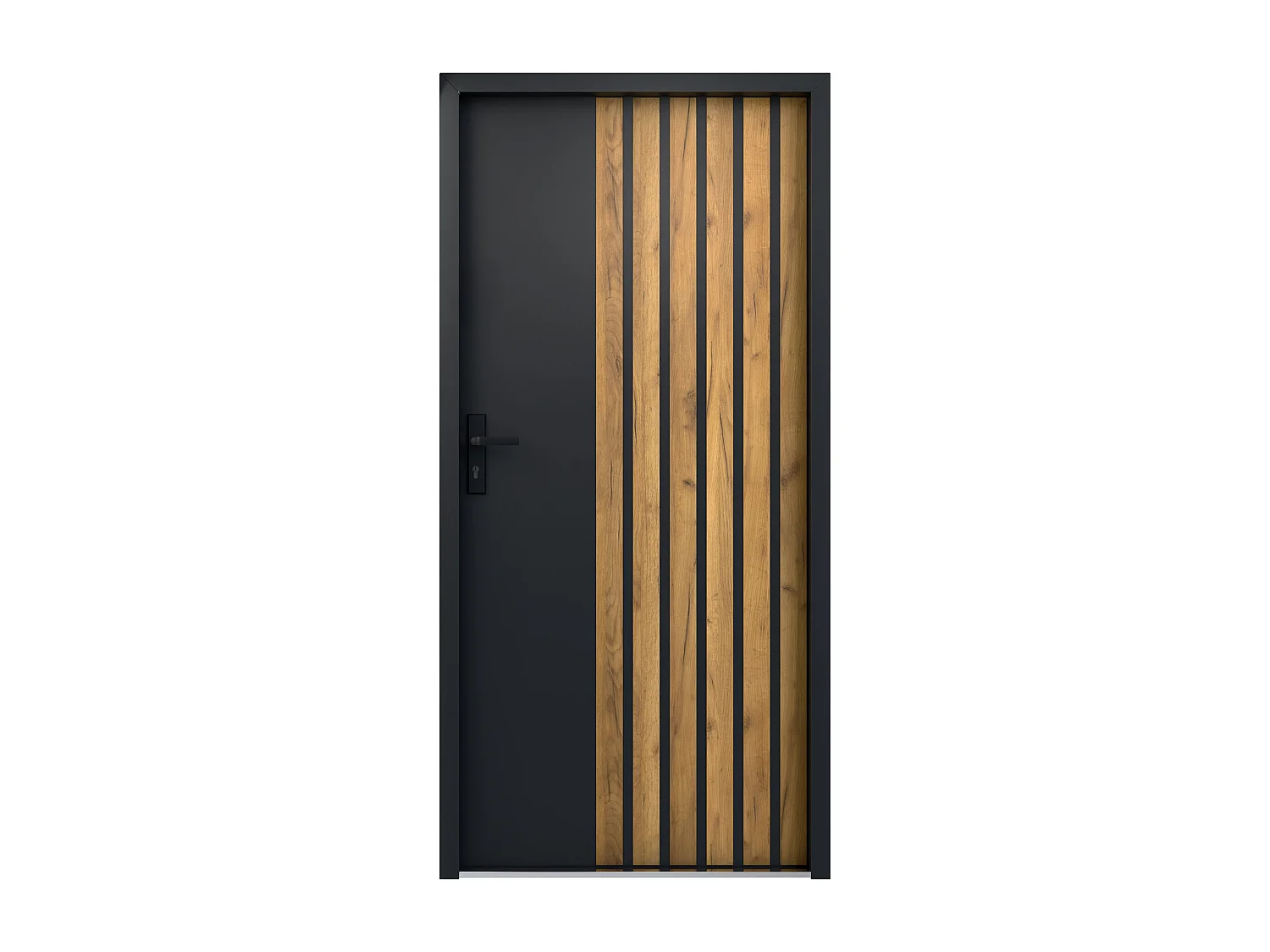 Eingangstür aus Stahl, voll H207 x B100 cm - schwarz mit Streifen in Eichenoptik - Stärke 55 mm - DIN rechts - COBRITA