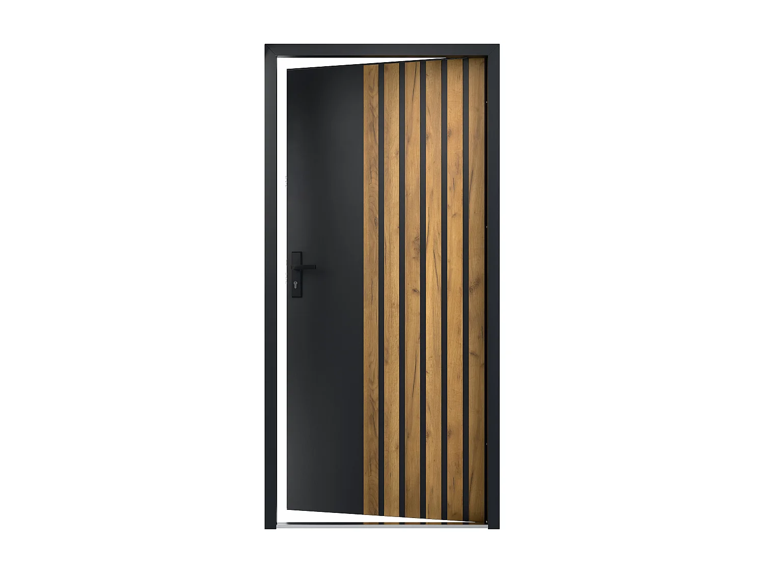 Eingangstür aus Stahl, voll H207 x B100 cm - schwarz mit Streifen in Eichenoptik - Stärke 55 mm - DIN rechts - COBRITA