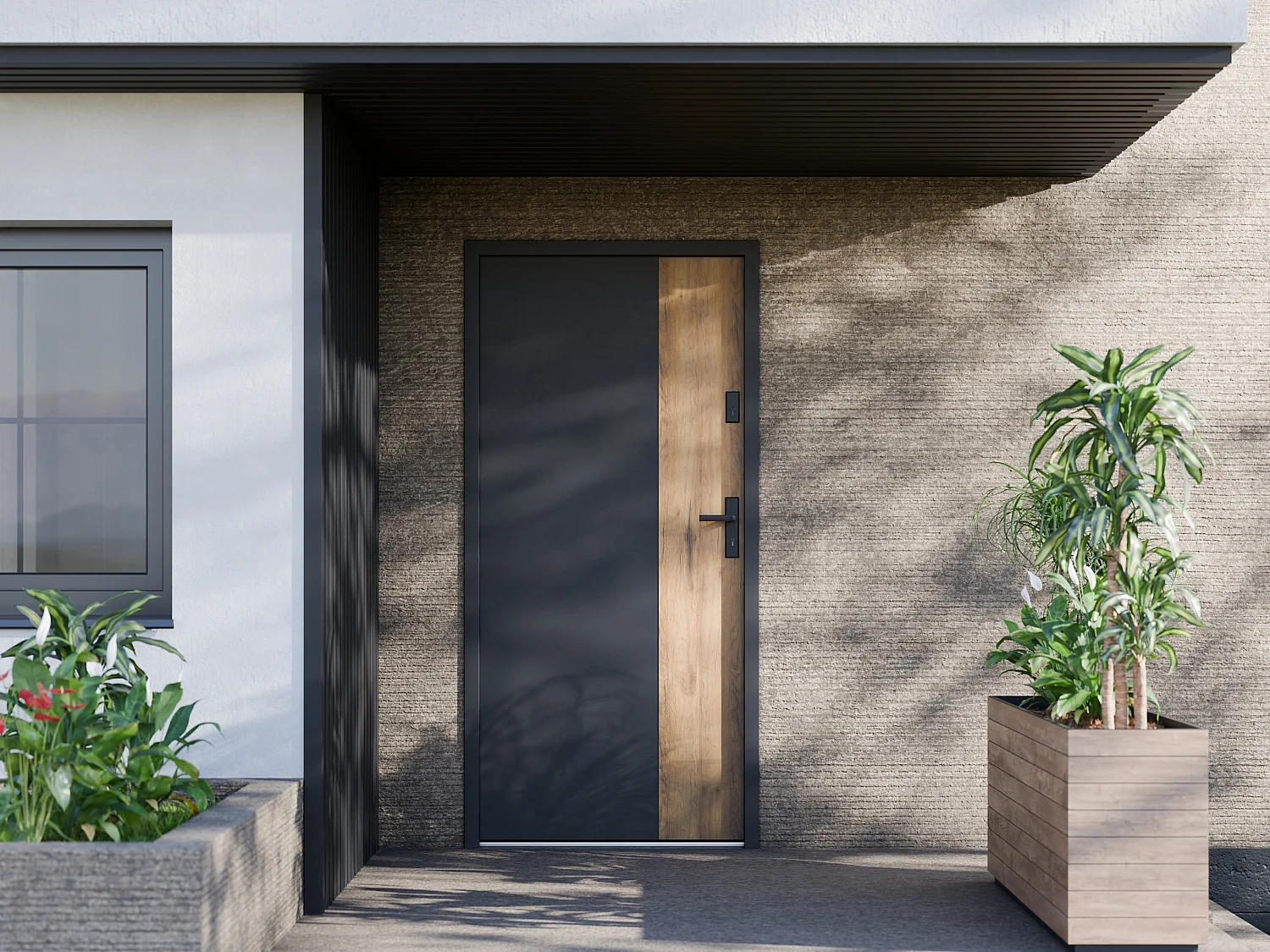 Porte d'entrée pleine en acier H207 x L100 cm - Noir et effet chêne - poussant gauche - MABENA