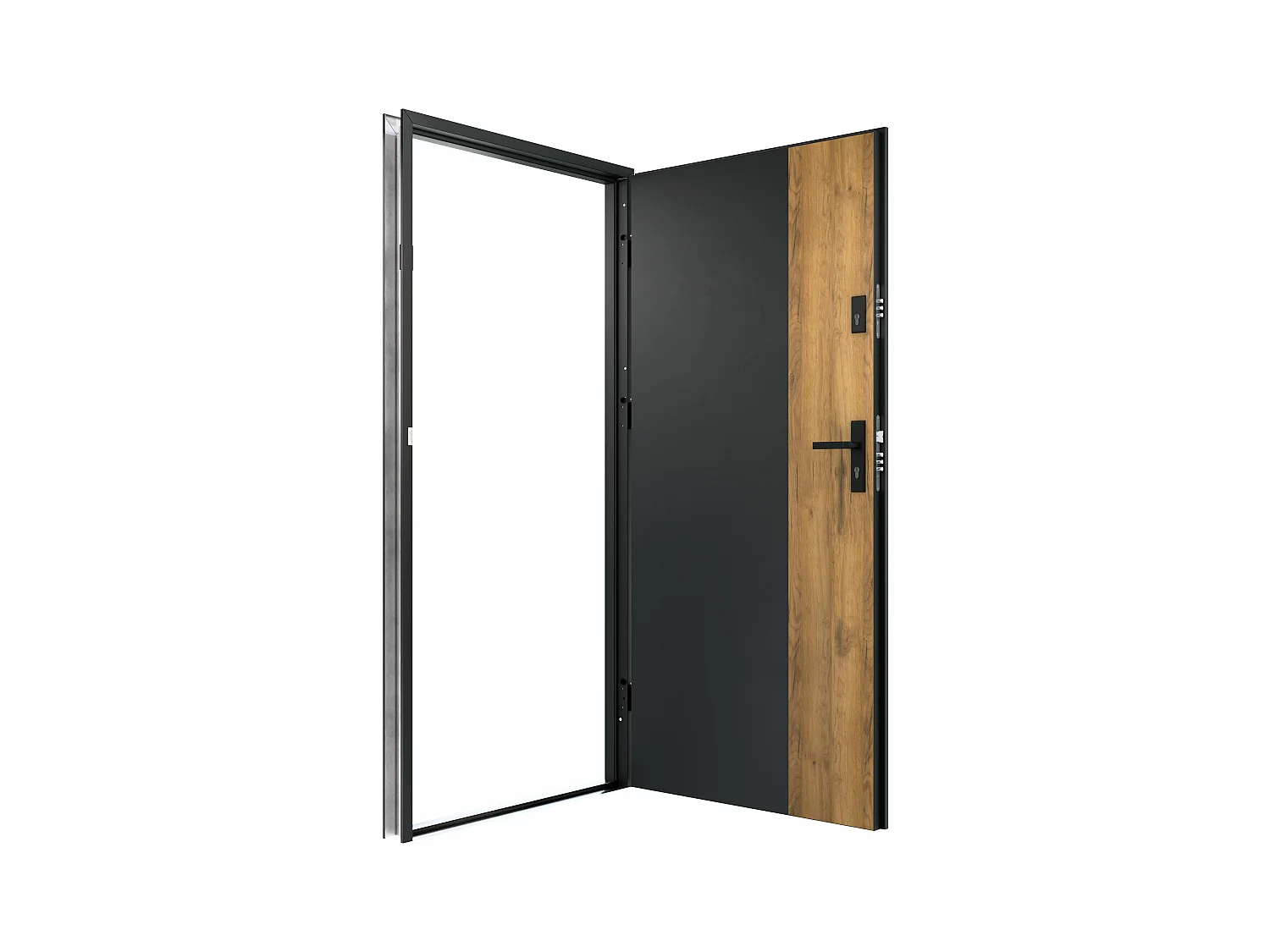Porte d'entrée pleine en acier H207 x L100 cm - Noir et effet chêne - poussant gauche - MABENA