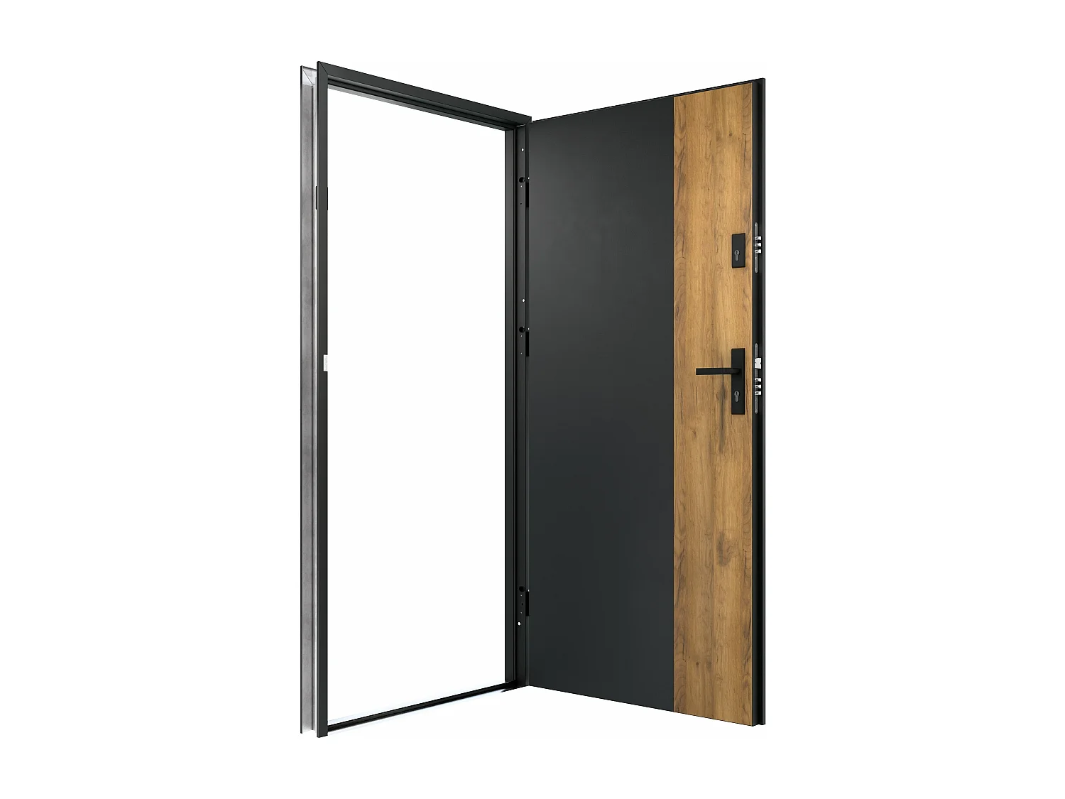 Porte d'entrée pleine en acier H207 x L100 cm - Noir et effet chêne - poussant gauche - MABENA