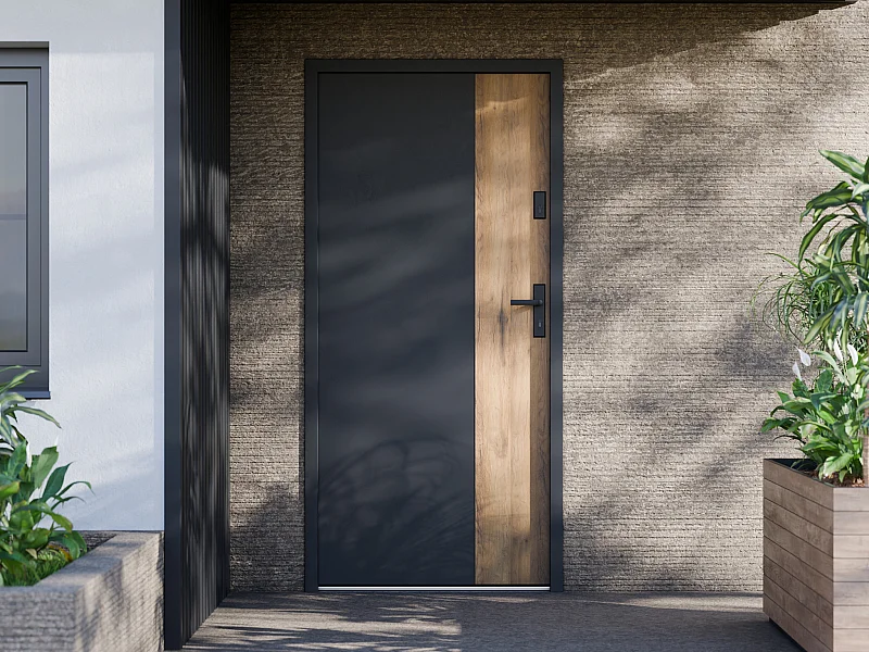 Porte d'entrée pleine en acier H207 x L100 cm - Noir et effet chêne - poussant gauche - MABENA
