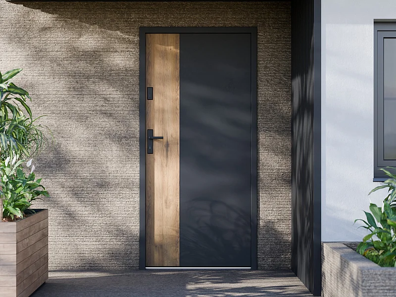 Puerta de entrada sólida de acero Alt. 207 x L100 cm - Negro y efecto roble - apertura derecha - MABENA