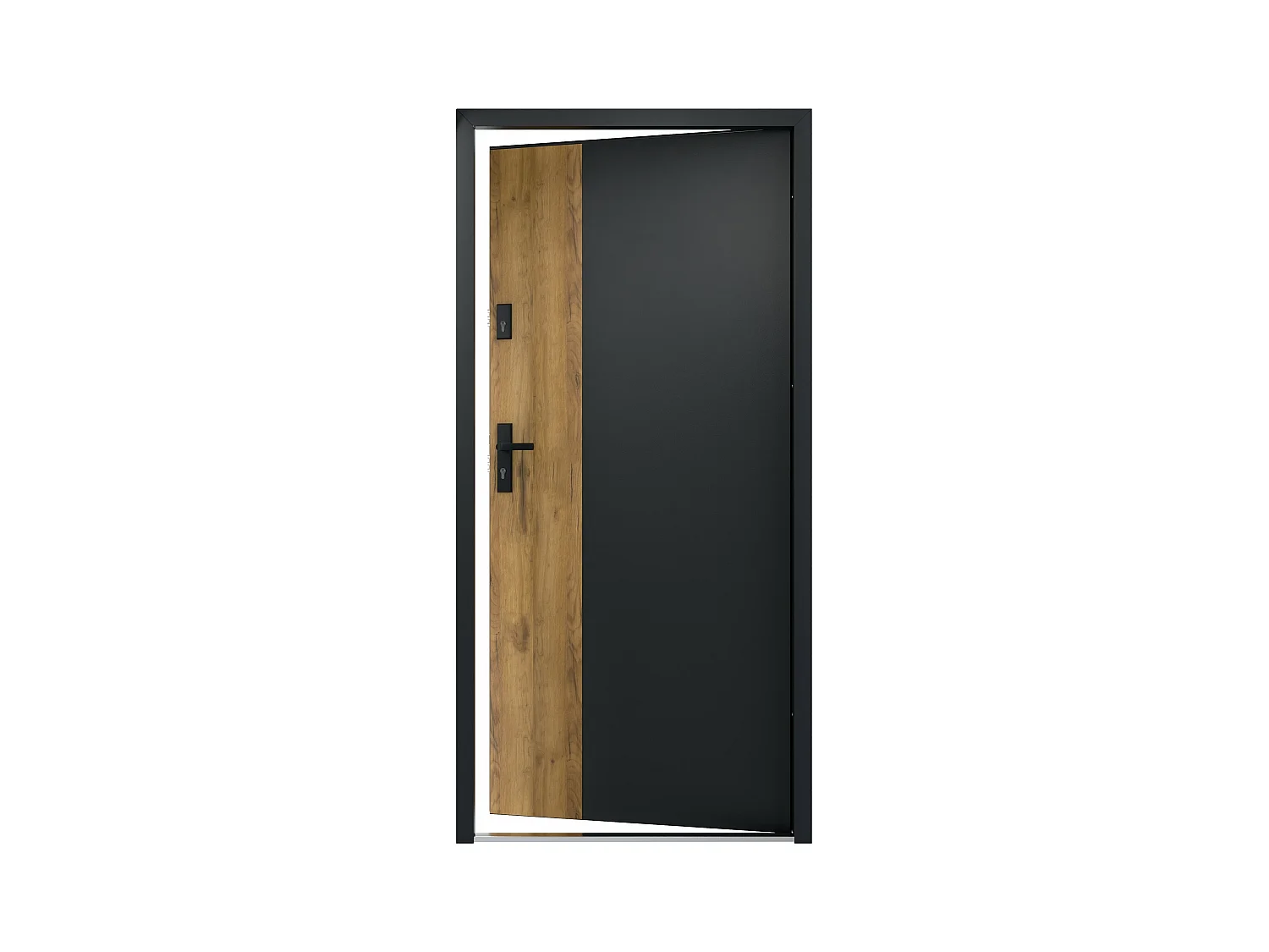 Porte d'entrée pleine en acier H207 x L100 cm - Noir et effet chêne - poussant droit - MABENA