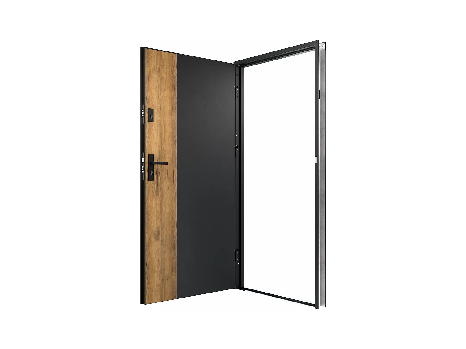 Porte d'entrée pleine en acier H207 x L100 cm - Noir et effet chêne - poussant droit - MABENA
