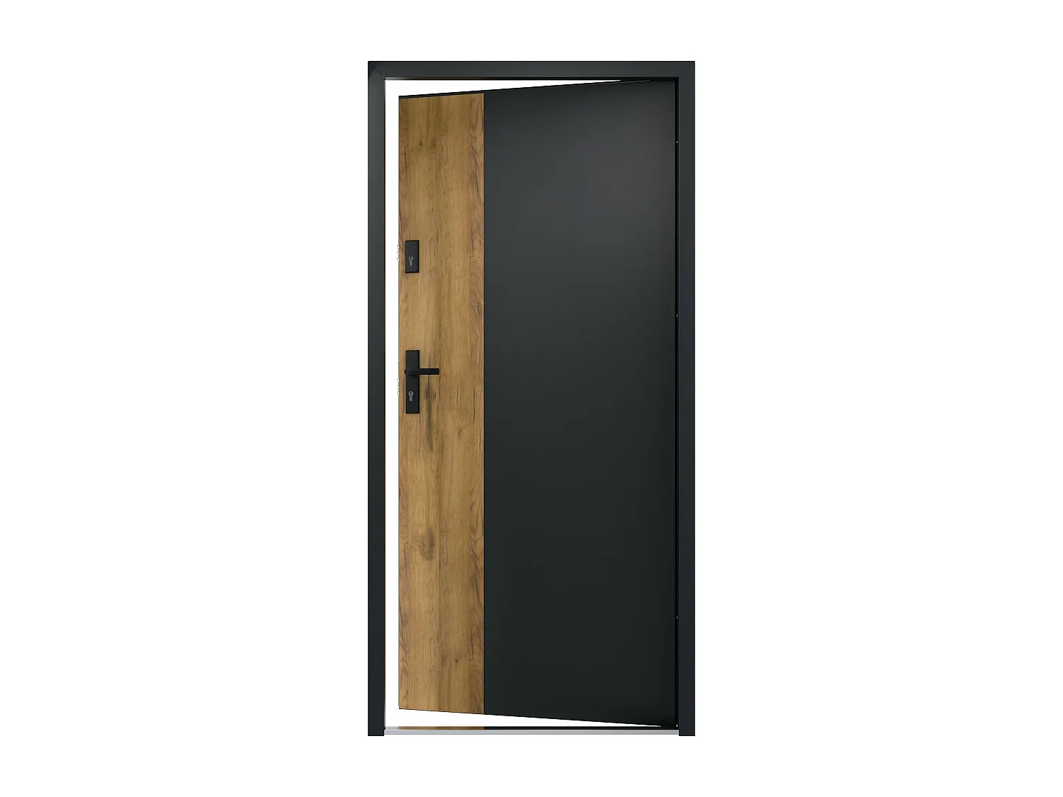 Porte d'entrée pleine en acier H207 x L100 cm - Noir et effet chêne - poussant droit - MABENA