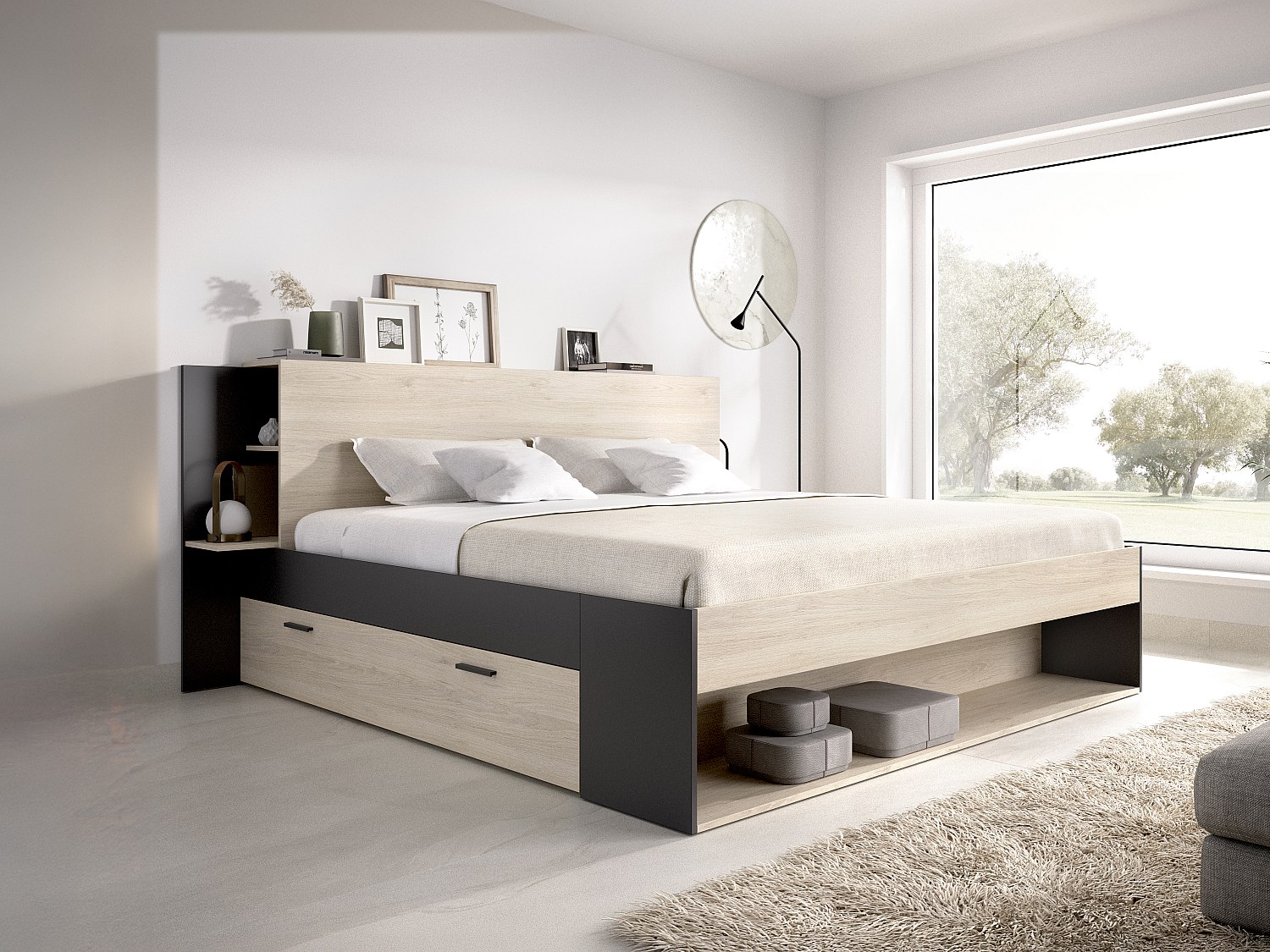 Bett mit Stauraum - 140 x 190 cm - Holzfarben & Schwarz - KEROSIA günstig online kaufen