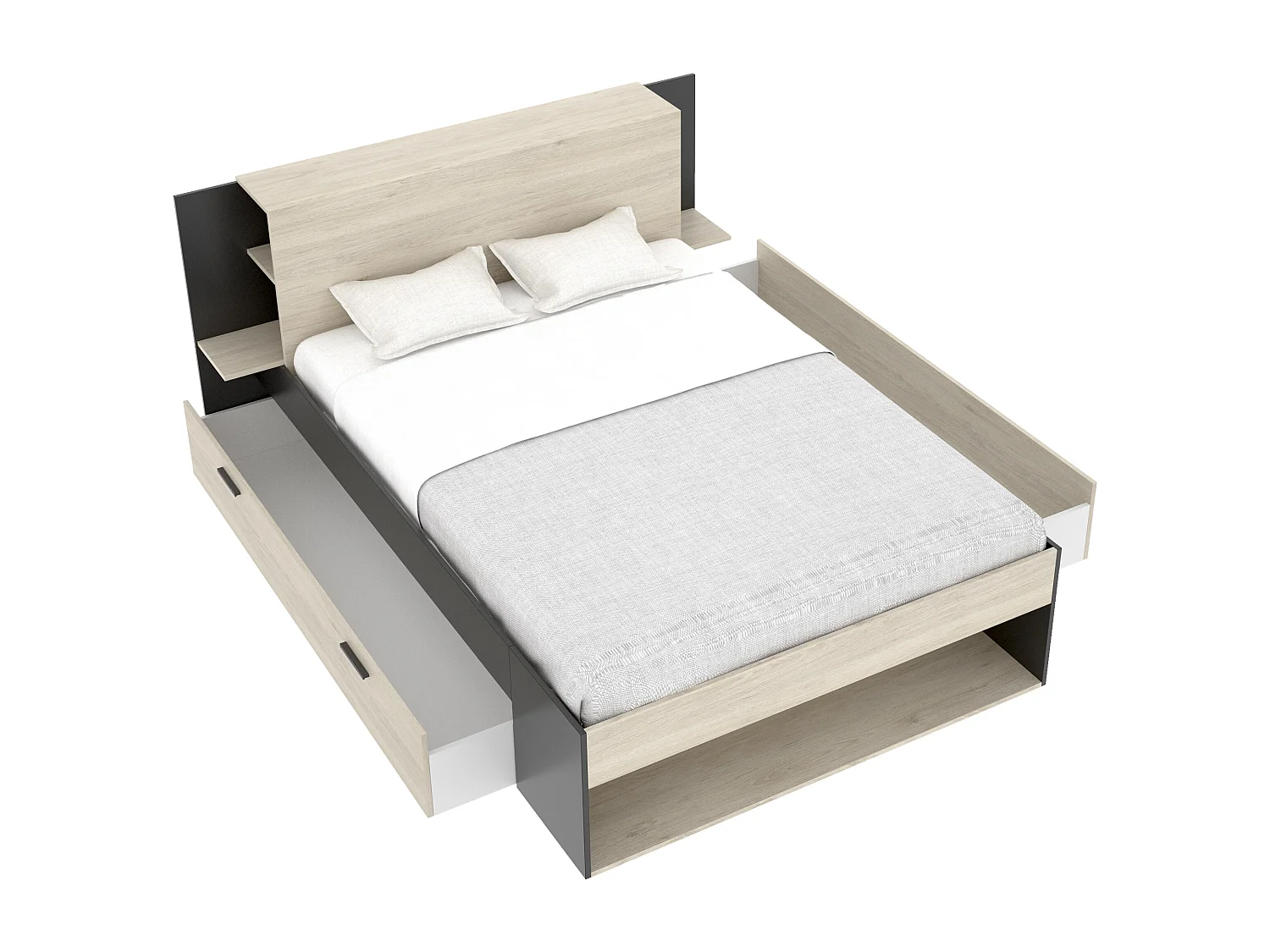Lit 140 x 190 cm avec rangements - Coloris : Naturel et noir - KEROSIA
