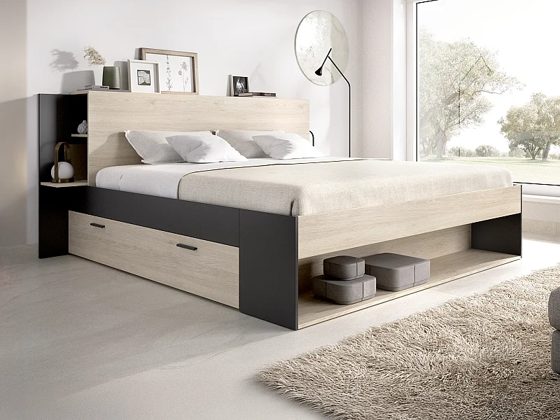 Seng 140 x 190 cm med opbevaringsplads - Farve: Natur og sort - KEROSIA