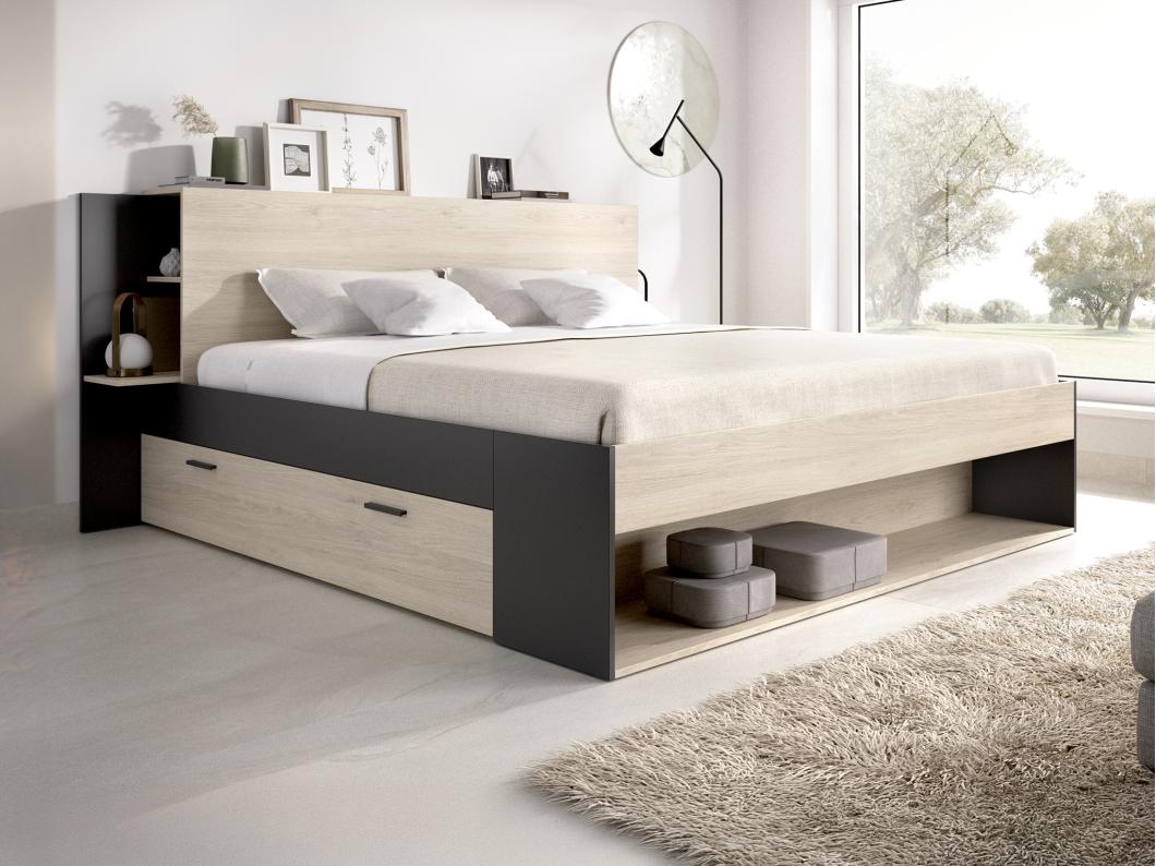 Bed met opbergruimte - 140 x 190 cm - Kleur: houtlook en zwart - KEROSIA