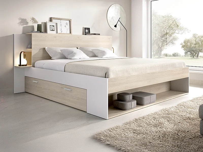 Letto 140 x 190 cm Con vani portaoggetti Naturale e Bianco  - KEROSIA