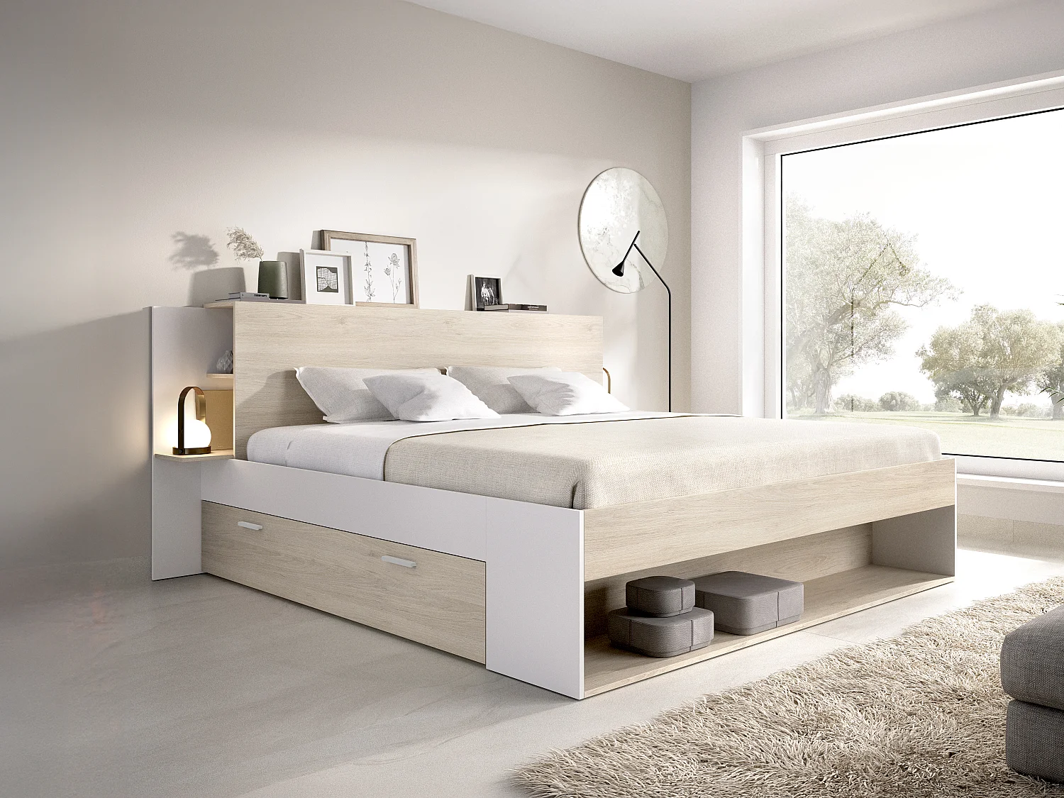Lit 140 x 190 cm avec rangements - Coloris : Naturel et blanc - KEROSIA