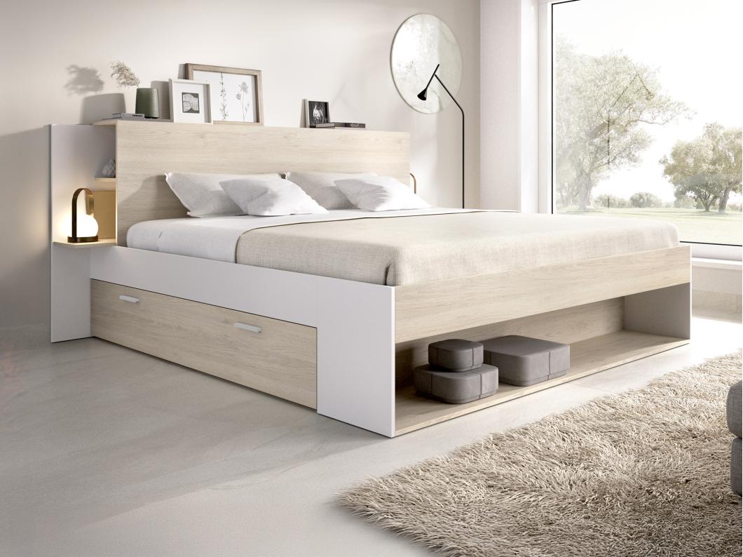 Cama 140x190 cm com espaços de arrumação cor natural e branco - KEROSIA