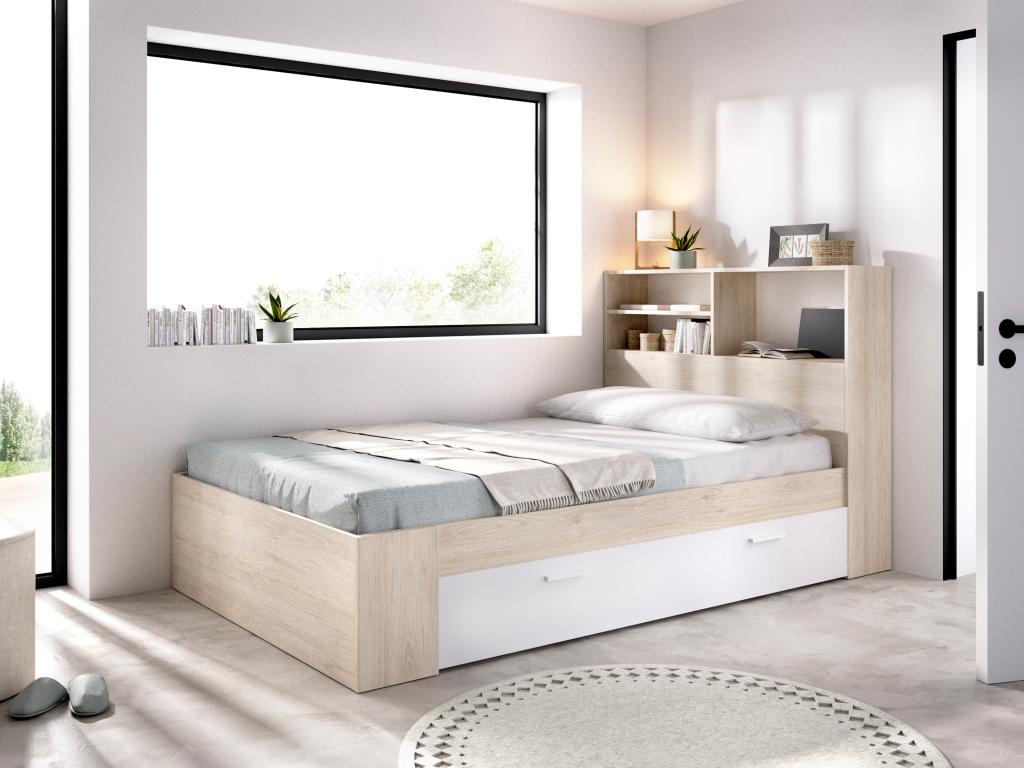 Bett mit Stauraum - 120 x 190 cm - Holzfarben & Weiß - VARDIEL günstig online kaufen