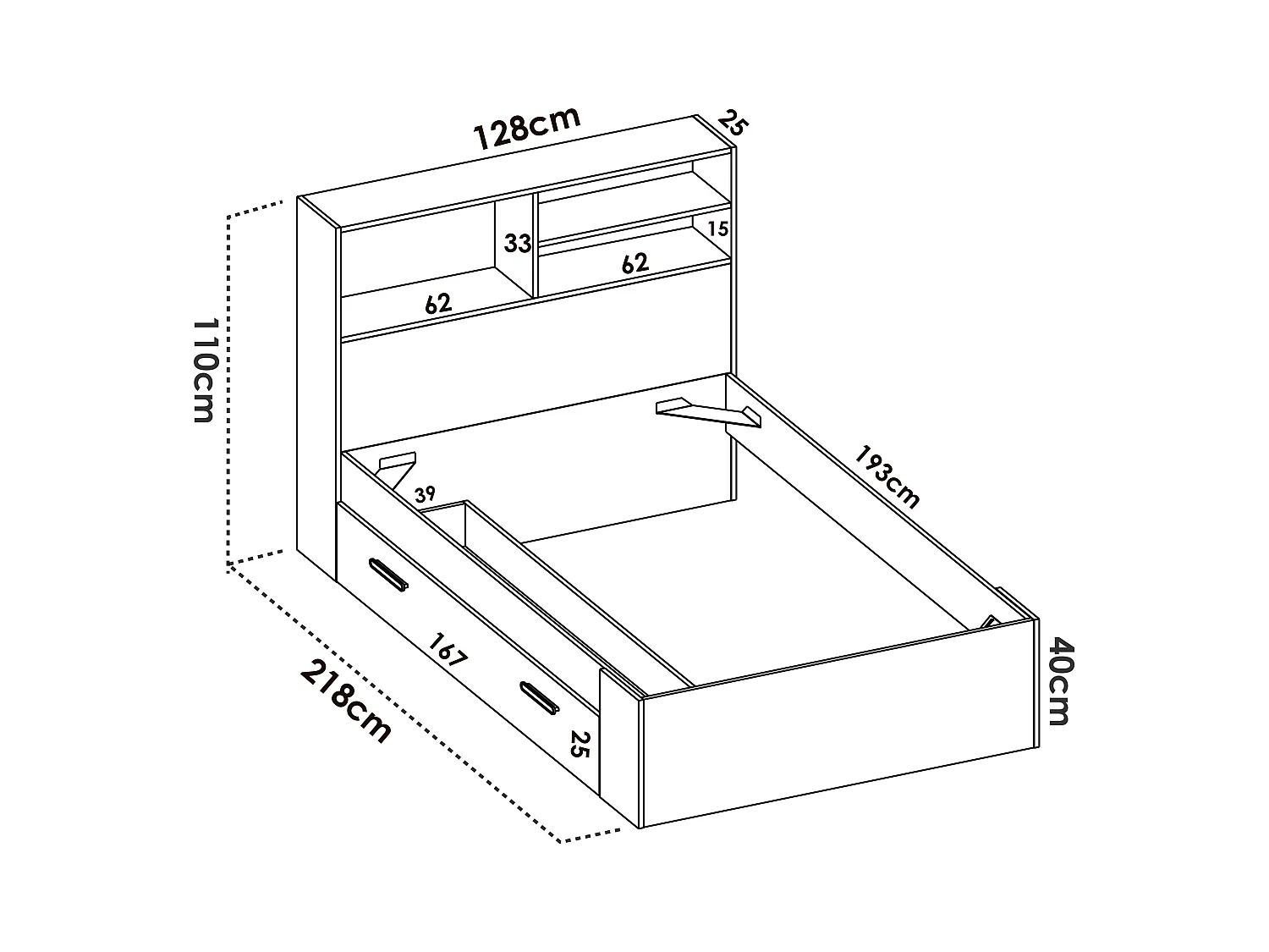 Bed met opbergruimte - 120 x 190 cm - Kleur: houtlook en wit - VARDIEL