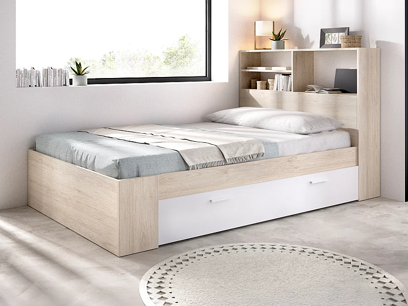 Seng 120 x 190 cm med oppbevaring - Farge: Naturlig og hvit - VARDIEL