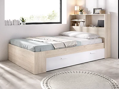 Seng 120 x 190 cm med oppbevaring - Farge: Naturlig og hvit - VARDIEL