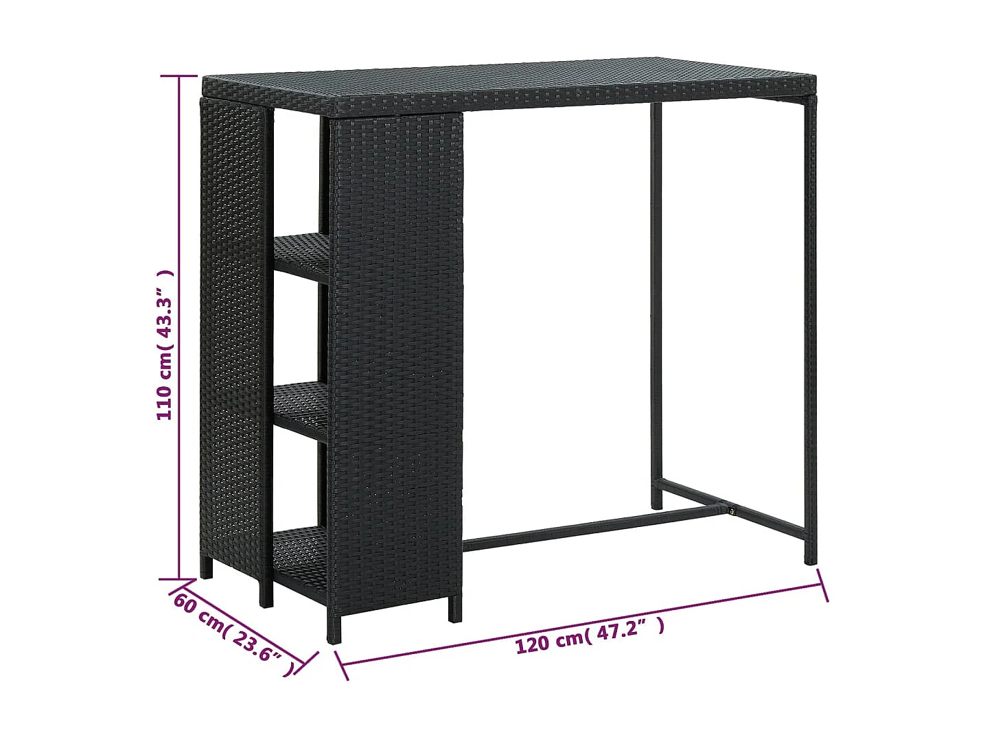 Table de bar avec rangement Noir 120x60x110 cm Résine tressée