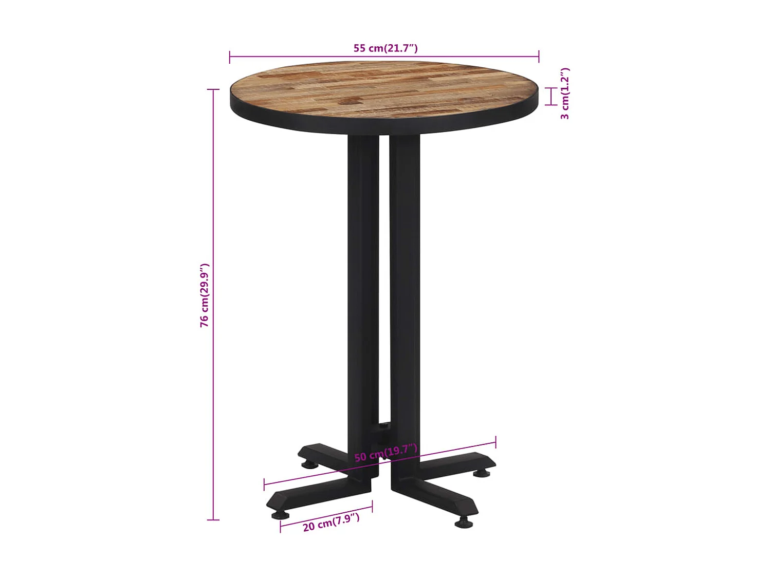 Mesa de bistrô redonda Ø55x76 cm teca recuperada maciça
