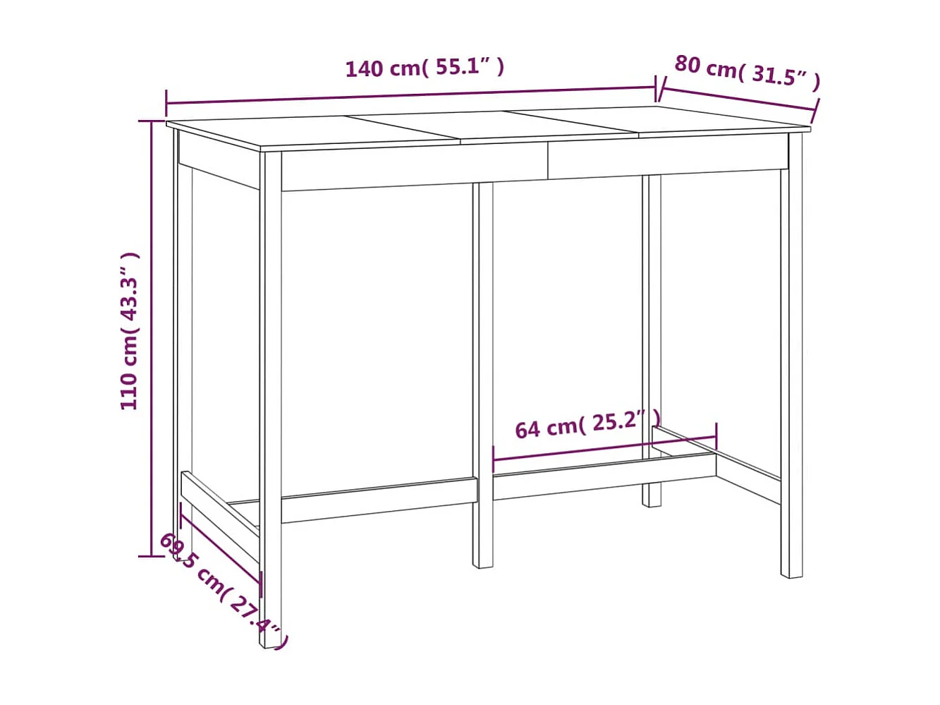 Mesa alta de bar de madera maciza de pino 140x80x110 cm