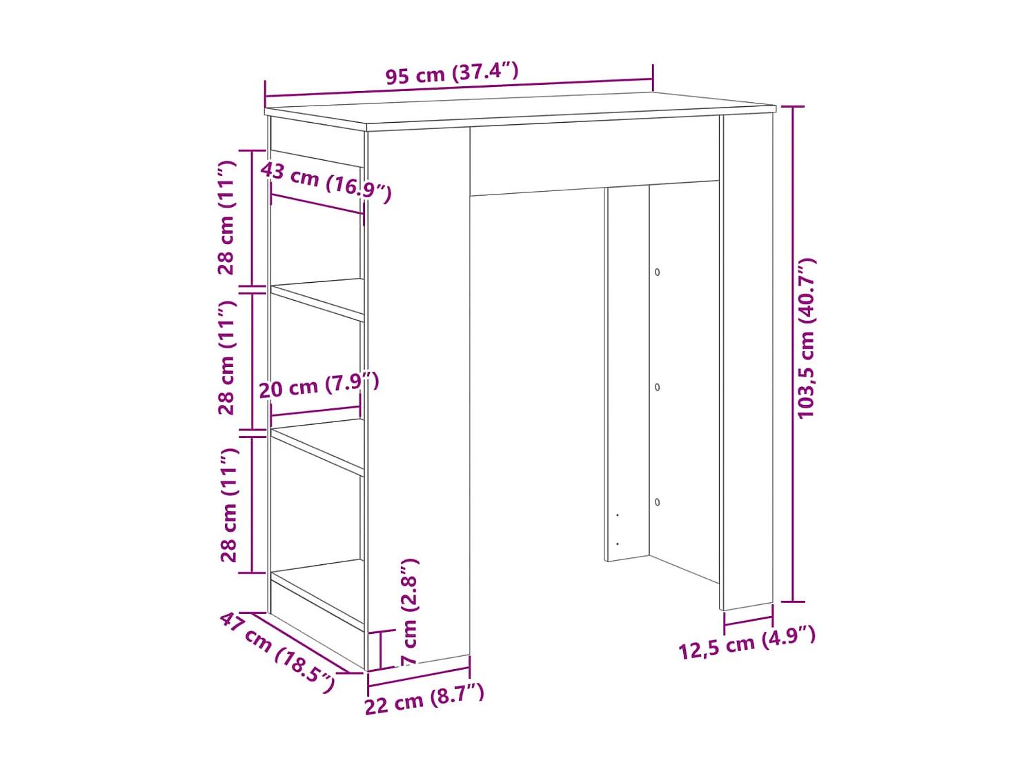 Mesa alta bar con estantes madera gris Sonoma 95x47x103,5 cm